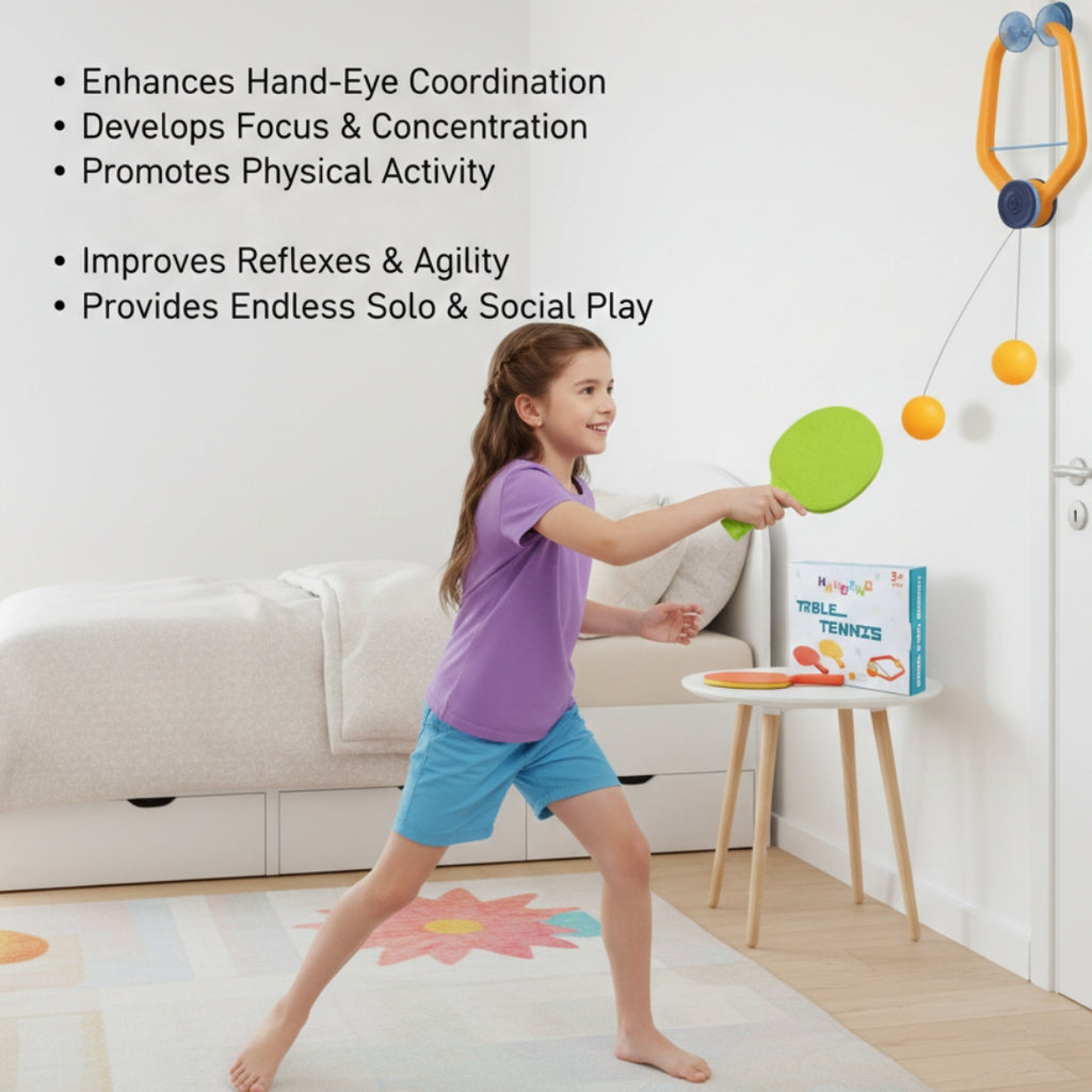 PokuPop Kids Hanging Table Tennis Trainer Set - Adjustable Portable Ping Pong Self-Practice Toy for Boys & Girls | Includes 2 Lightweight Paddles & 3 Bouncy Balls | Indoor Sport Game for Eye Coordination & Reflex Training