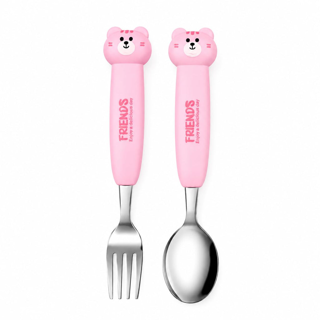 Kids Spoon and Fork Set with Carry Case | Stainless Steel Cutlery Set for School Lunch Box | Spoon Carry Case for Kids | Travel-Friendly Toddler Utensils |by PokuPop ( Pink Cat)