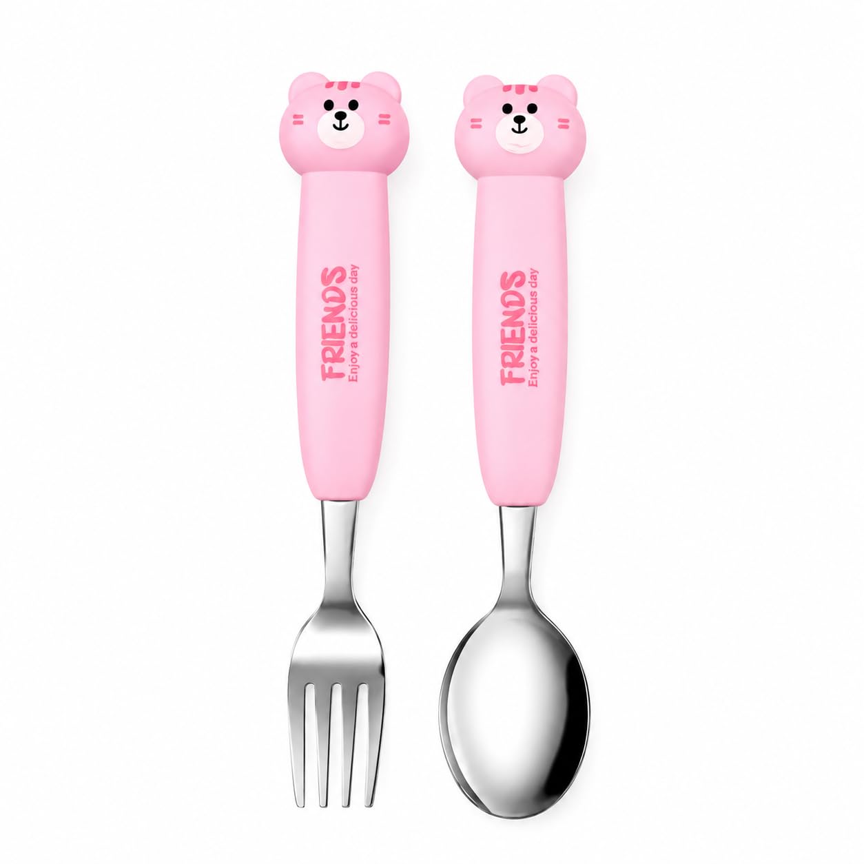 Kids Spoon and Fork Set with Carry Case | Stainless Steel Cutlery Set for School Lunch Box | Spoon Carry Case for Kids | Travel-Friendly Toddler Utensils |by PokuPop ( Pink Cat)