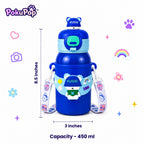 Kids Stainless Steel Water Bottle 450ml, Blue Bobo Bear | Straw Lid, Carrying Strap, For School, Boys and Girls