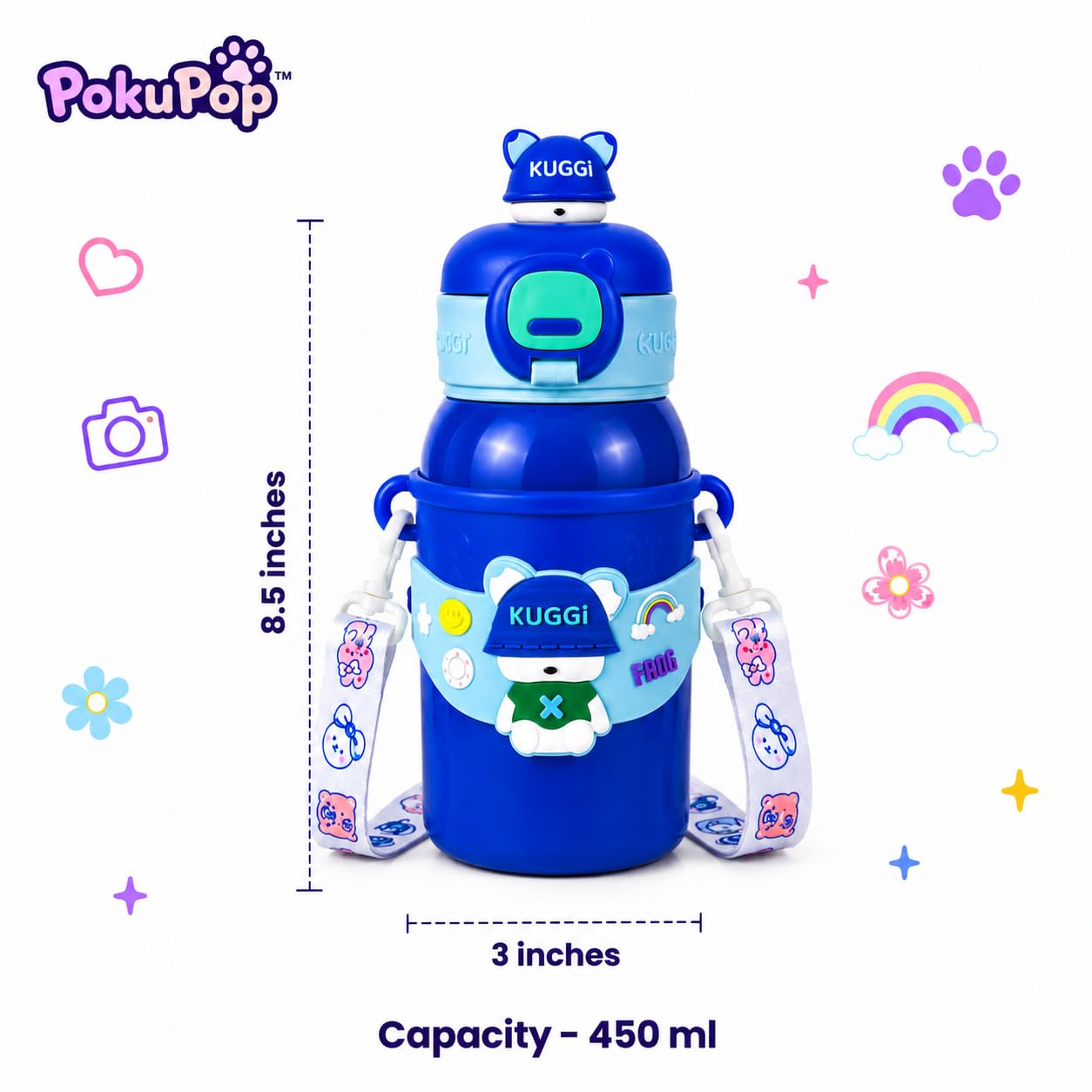 Kids Stainless Steel Water Bottle 450ml, Blue Bobo Bear | Straw Lid, Carrying Strap, For School, Boys and Girls