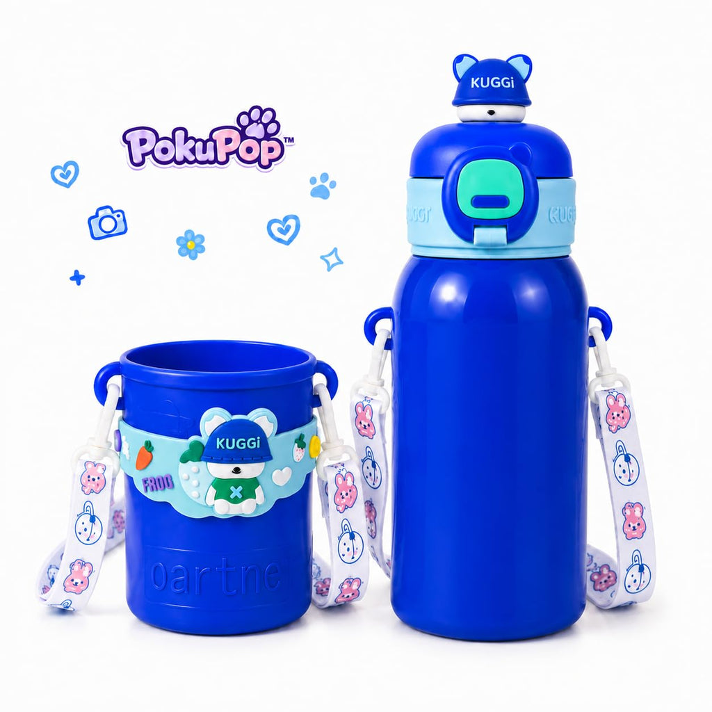 Kids Stainless Steel Water Bottle 450ml, Blue Bobo Bear | Straw Lid, Carrying Strap, For School, Boys and Girls