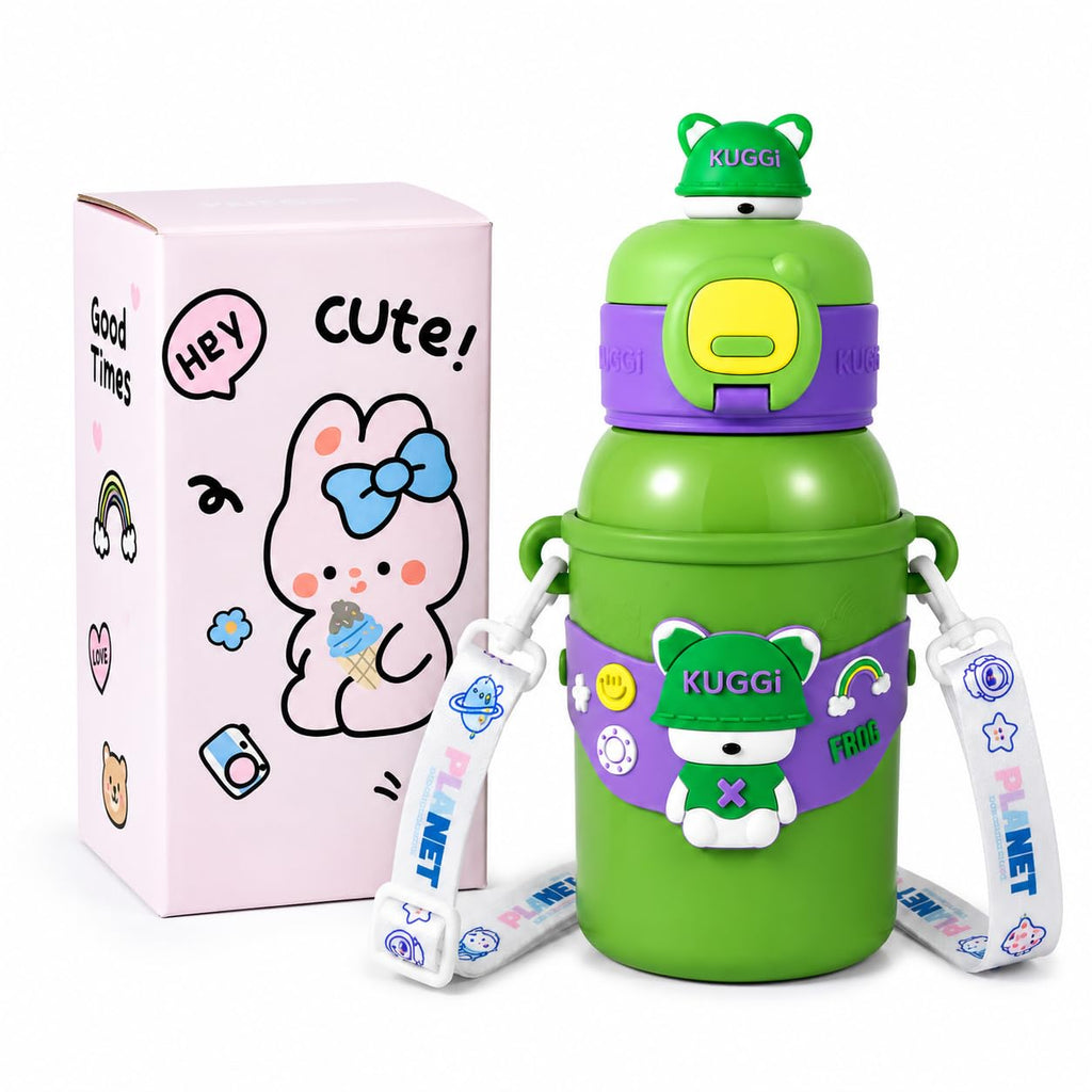 Kids Stainless Steel Water Bottle 450ml, Pista Green Momo Bunny | Straw Lid, Carrying Strap, For School, Boys and Girls