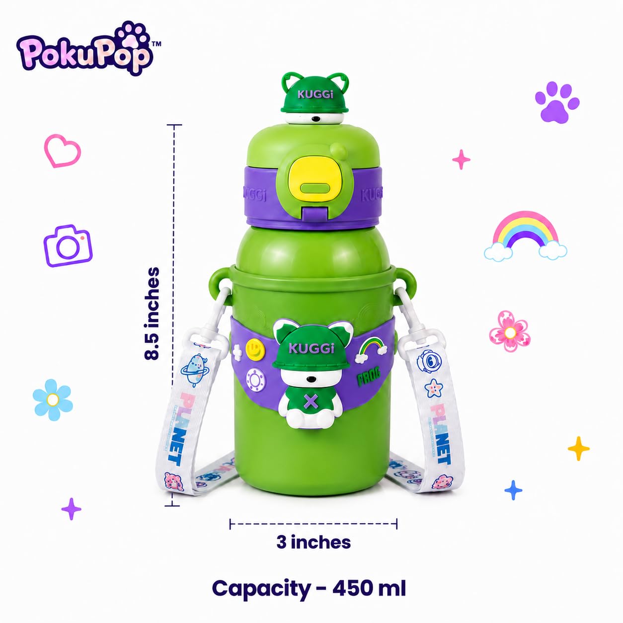 Kids Stainless Steel Water Bottle 450ml, Pista Green Momo Bunny | Straw Lid, Carrying Strap, For School, Boys and Girls