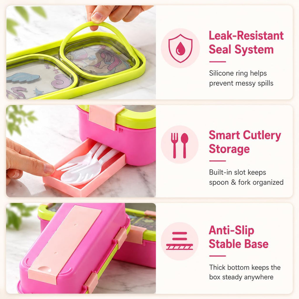 Lunch Box for Kids | SUS 304 Food-Grade Stainless Steel | Bento Box with Leakproof Container & Cutlery | Tiffin Box for School & Picnic Dino Kids Sleek Bento Box - 3 Compartment