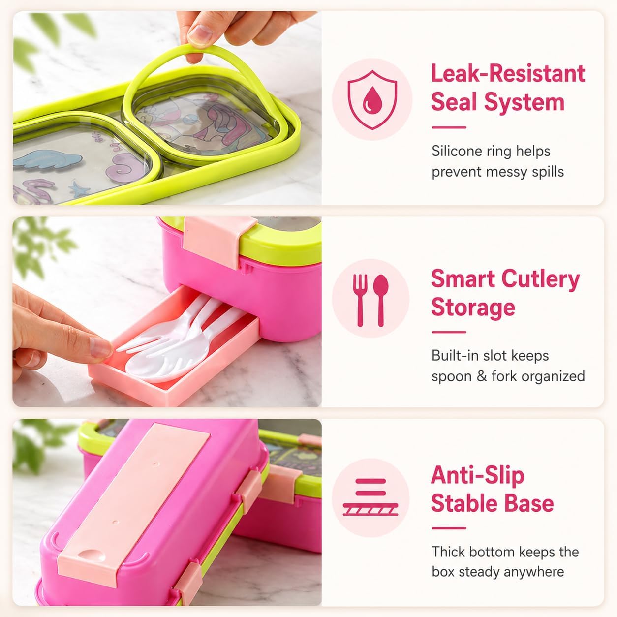 Lunch Box for Kids | SUS 304 Food-Grade Stainless Steel | Bento Box with Leakproof Container & Cutlery | Tiffin Box for School & Picnic Dino Kids Sleek Bento Box - 3 Compartment