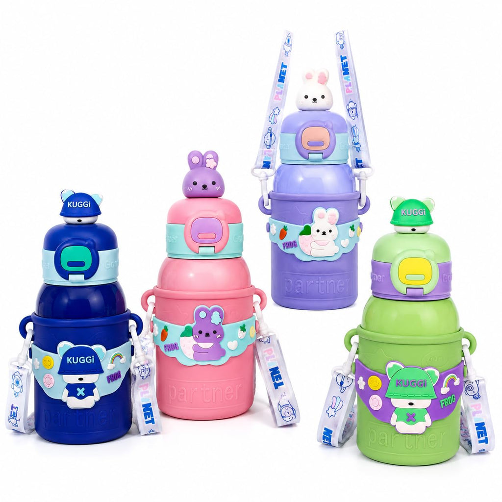 Kids Stainless Steel Water Bottle 450ml, Pista Green Momo Bunny | Straw Lid, Carrying Strap, For School, Boys and Girls