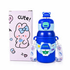 Kids Stainless Steel Water Bottle 450ml, Blue Bobo Bear | Straw Lid, Carrying Strap, For School, Boys and Girls