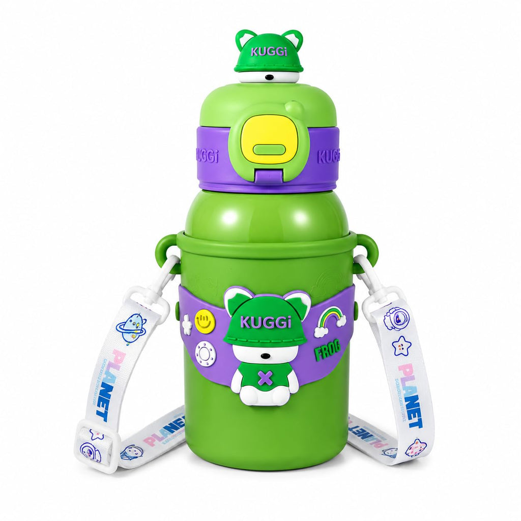 Kids Stainless Steel Water Bottle 450ml, Pista Green Momo Bunny | Straw Lid, Carrying Strap, For School, Boys and Girls