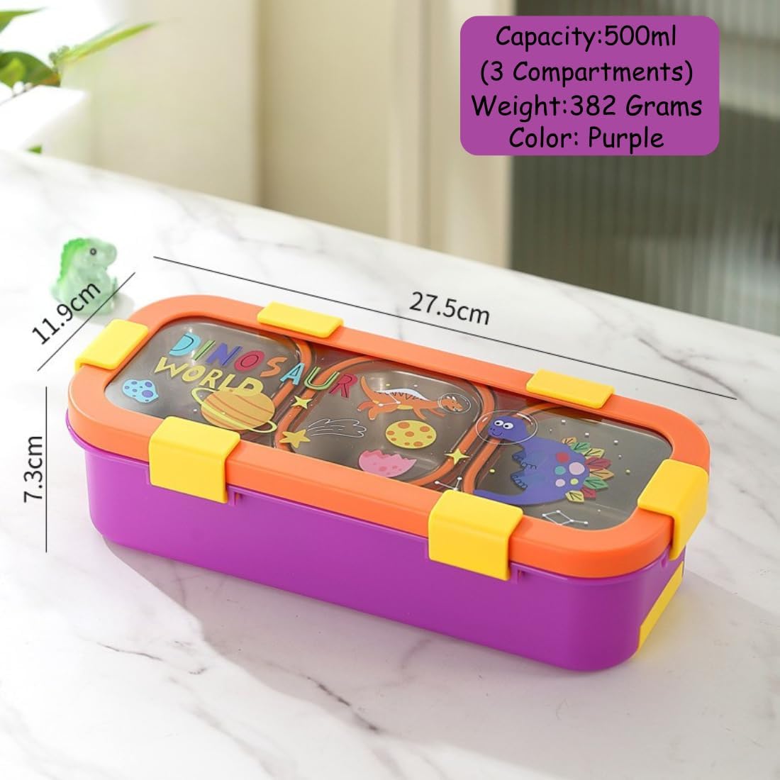 Lunch Box for Kids | SUS 304 Food-Grade Stainless Steel | Bento Box with Leakproof Container & Cutlery | Tiffin Box for School & Picnic Dino Kids Sleek Bento Box - 3 Compartment