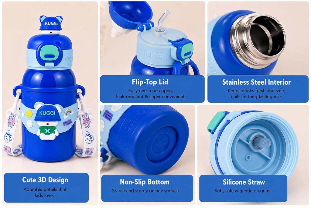 Kids Stainless Steel Water Bottle 450ml, Blue Bobo Bear | Straw Lid, Carrying Strap, For School, Boys and Girls