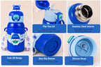 Kids Stainless Steel Water Bottle 450ml, Blue Bobo Bear | Straw Lid, Carrying Strap, For School, Boys and Girls