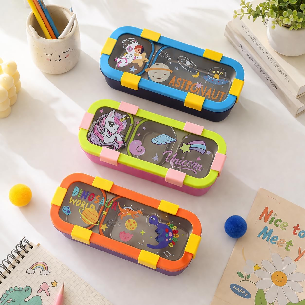 Lunch Box for Kids | SUS 304 Food-Grade Stainless Steel | Bento Box with Leakproof Container & Cutlery | Tiffin Box for School & Picnic Dino Kids Sleek Bento Box - 3 Compartment
