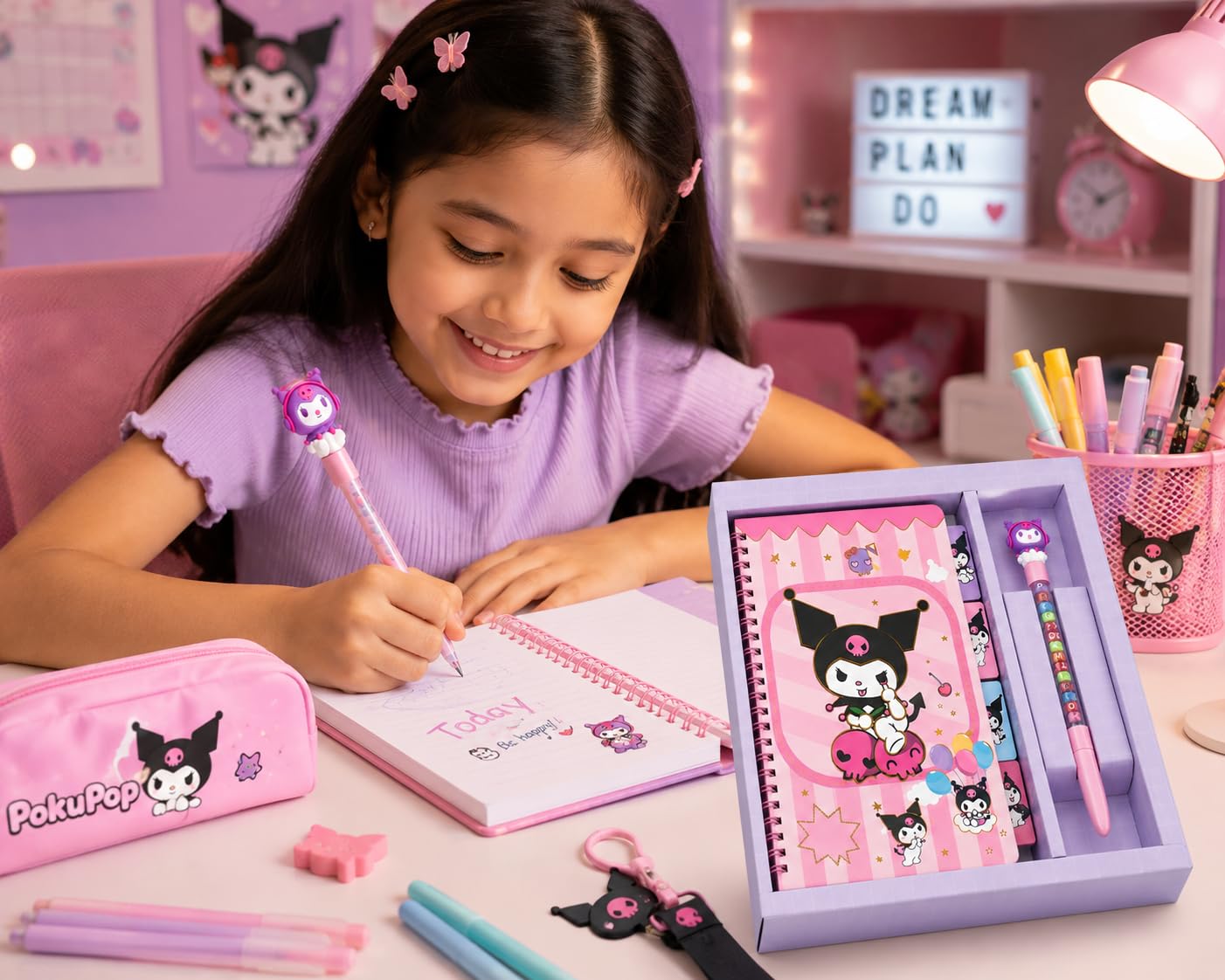 Cute Kawaii Spiral Notebook or Diary & Alphabet Bead Pen Gift Set for Girls Age 5-12 Years | Weekly Planner Memo Pad with Cartoon Design | School Stationery Supplies, Birthday Return Gift for Kids| by PokuPop