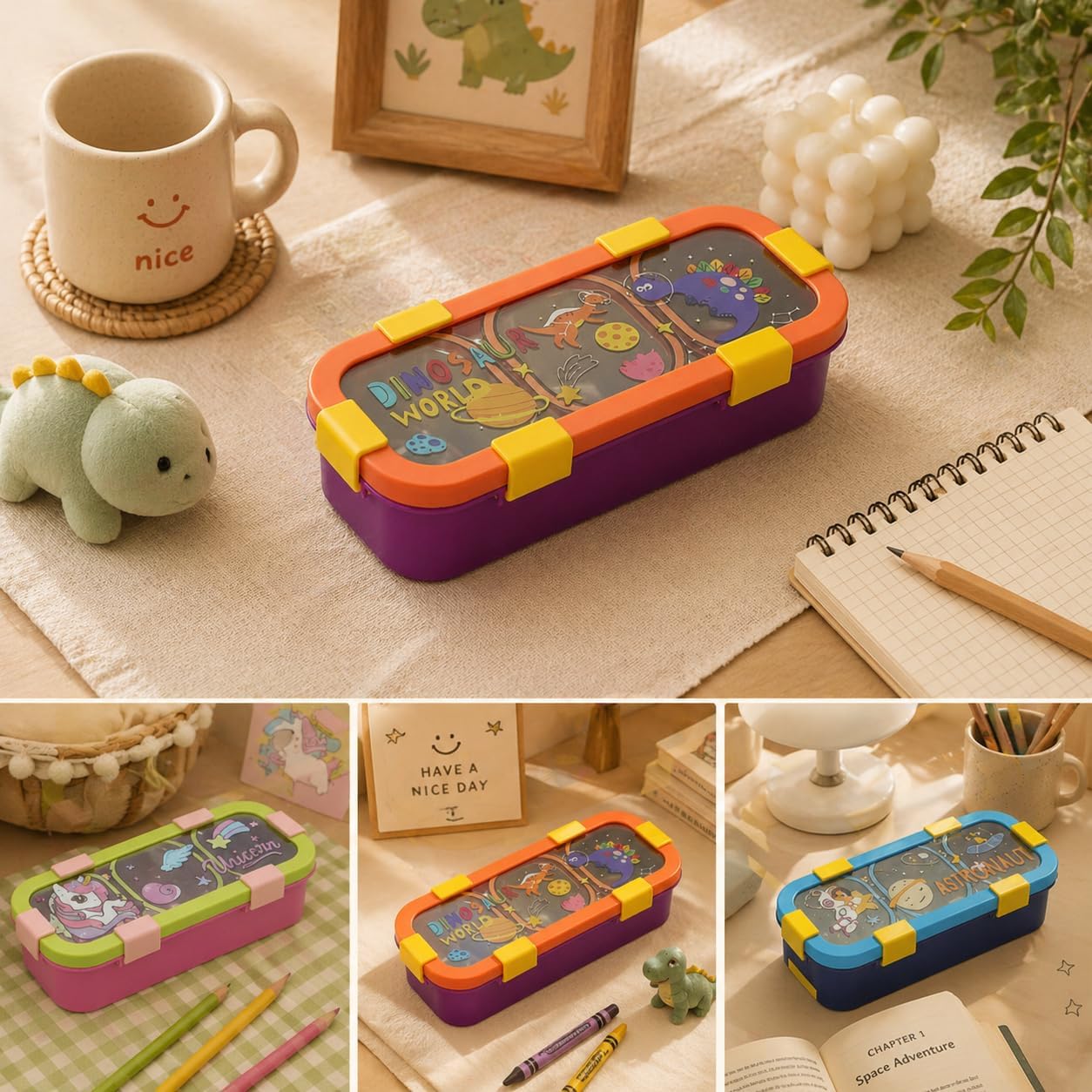 Lunch Box for Kids | SUS 304 Food-Grade Stainless Steel | Bento Box with Leakproof Container & Cutlery | Tiffin Box for School & Picnic Dino Kids Sleek Bento Box - 3 Compartment