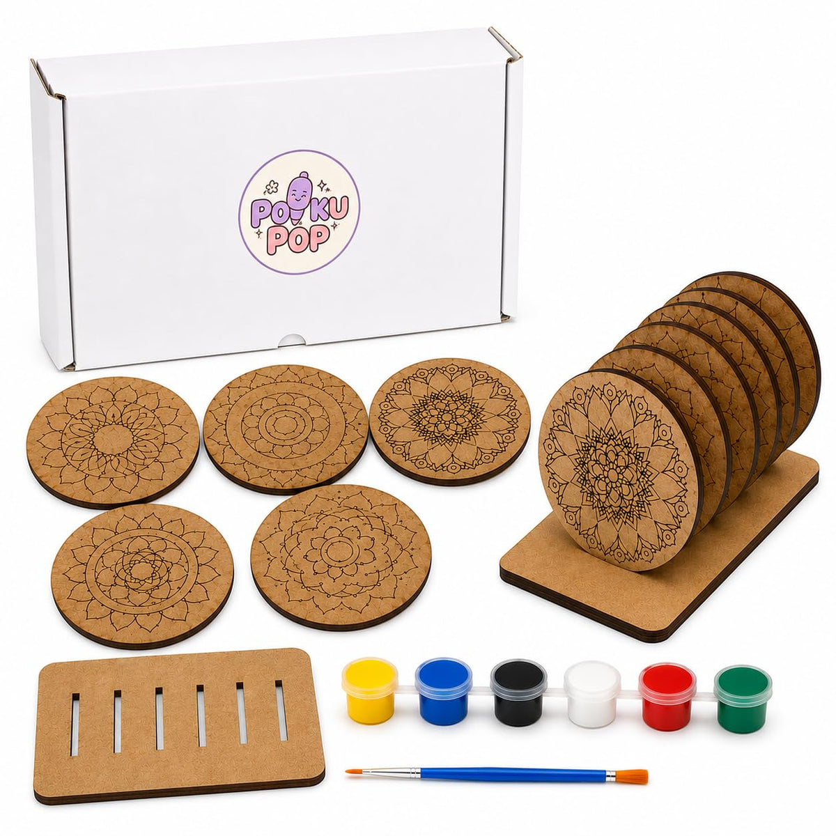DIY Mandala Art Coaster Painting Kit - 6 Pre-Marked Coasters, Paint and Brush Set | Art and Craft Set for Kids & Adults (4-12 Years) Coloring Kit for Birthday Return Gift, Home & Office Activity by PokuPop