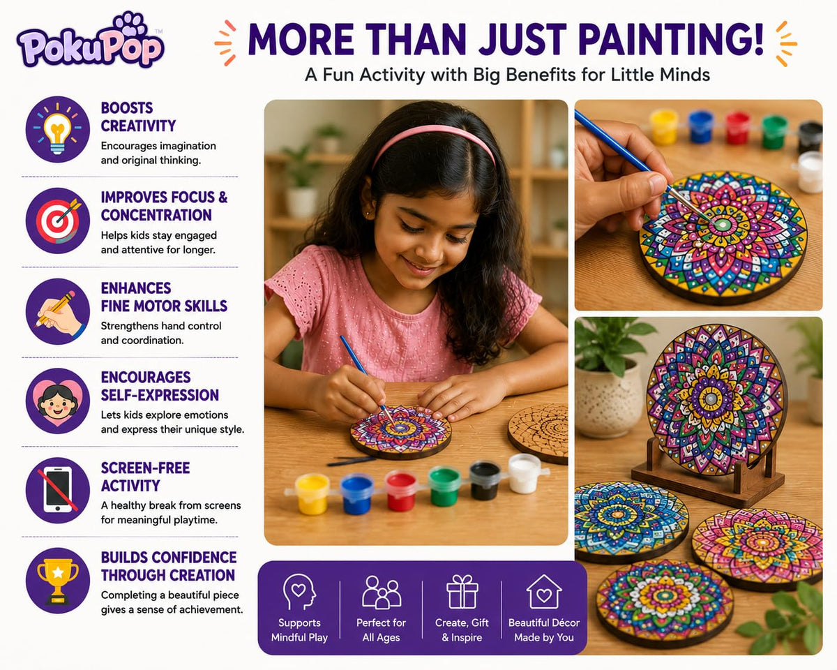 DIY Mandala Art Coaster Painting Kit - 6 Pre-Marked Coasters, Paint and Brush Set | Art and Craft Set for Kids & Adults (4-12 Years) Coloring Kit for Birthday Return Gift, Home & Office Activity by PokuPop