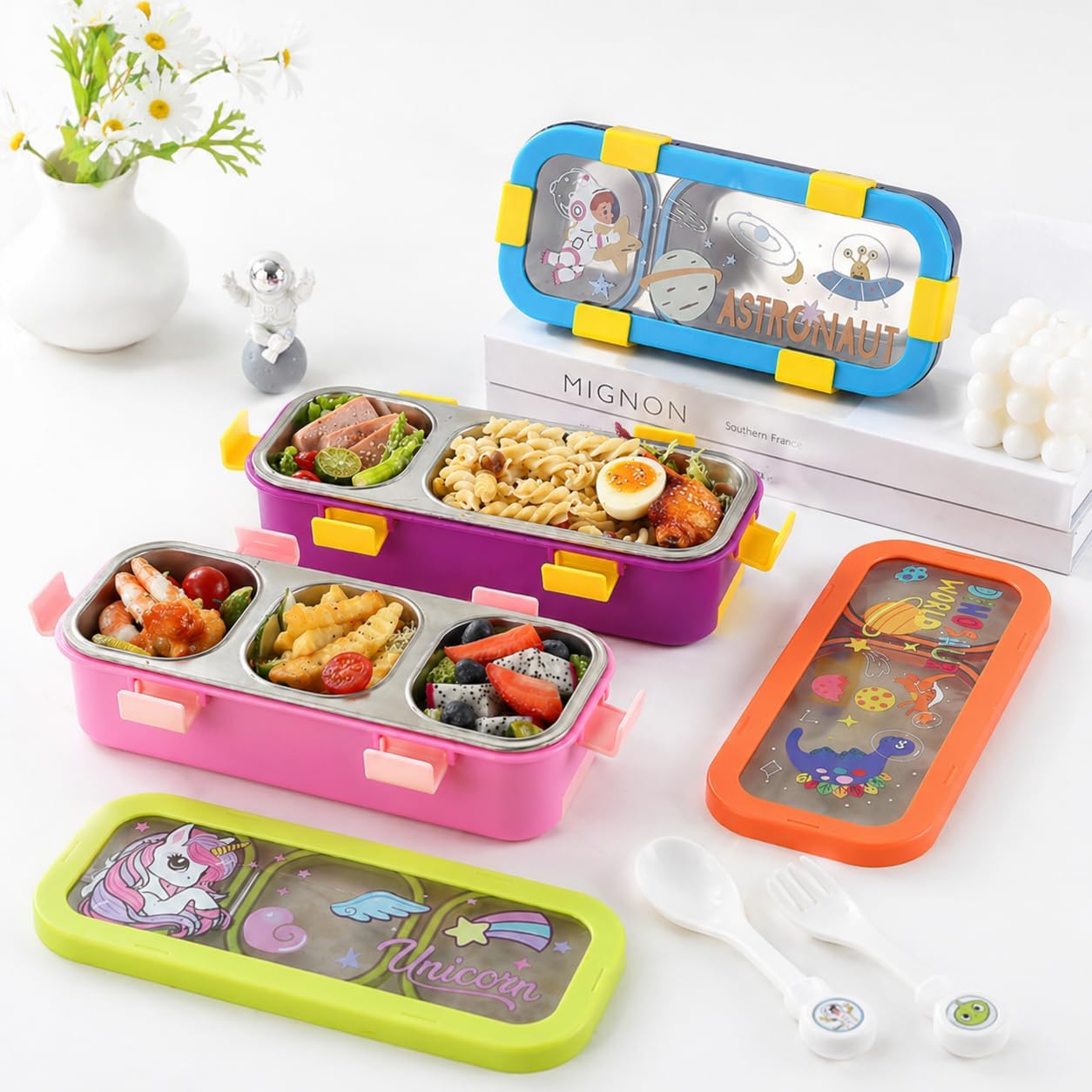 Lunch Box for Kids | SUS 304 Food-Grade Stainless Steel | Bento Box with Leakproof Container & Cutlery | Tiffin Box for School & Picnic Dino Kids Sleek Bento Box - 3 Compartment