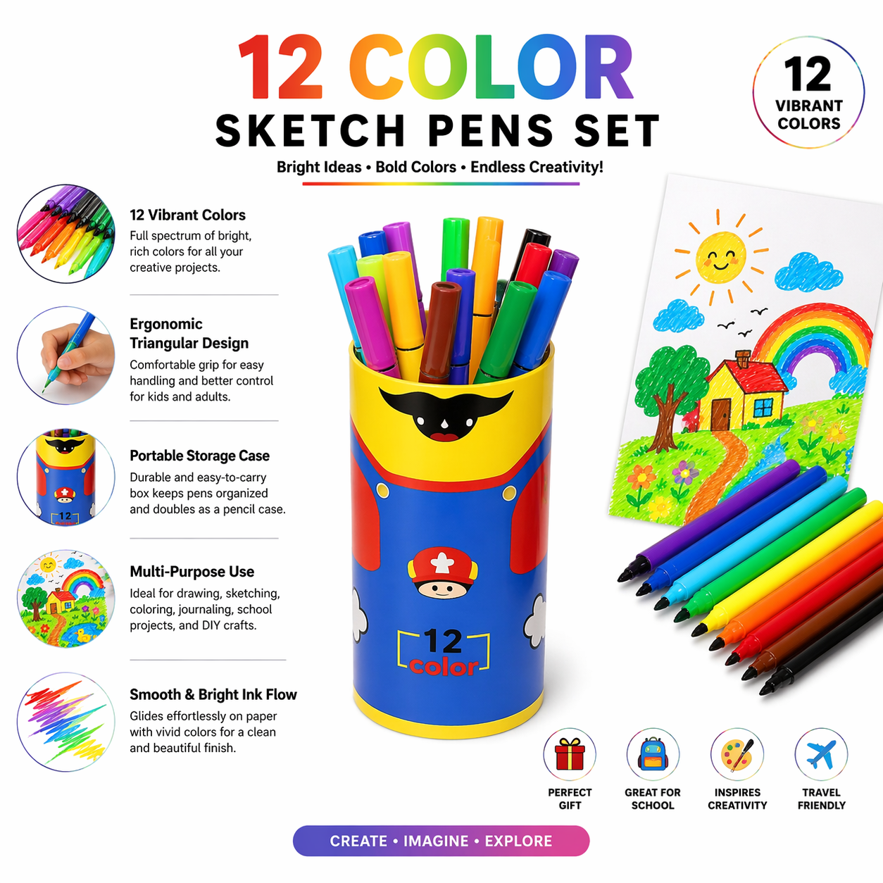 2 Color Sketch Pens Set for Kids – Vibrant Coloring Markers with Storage Case, Smooth Ink, Ergonomic Grip for Drawing, School Supplies, Art & Craft