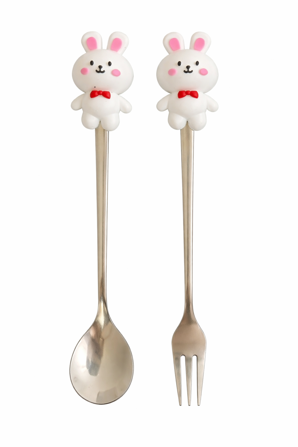 PokuPop Kids Spoon and Fork Set with Case | Cute Bunny Stainless Steel Cutlery Set for Children | Cartoon Handle Self Feeding Training Set | Portable Travel Case Included