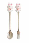 PokuPop Kids Spoon and Fork Set with Case | Cute Bunny Stainless Steel Cutlery Set for Children | Cartoon Handle Self Feeding Training Set | Portable Travel Case Included