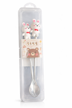 PokuPop Kids Spoon and Fork Set with Case | Cute Bunny Stainless Steel Cutlery Set for Children | Cartoon Handle Self Feeding Training Set | Portable Travel Case Included
