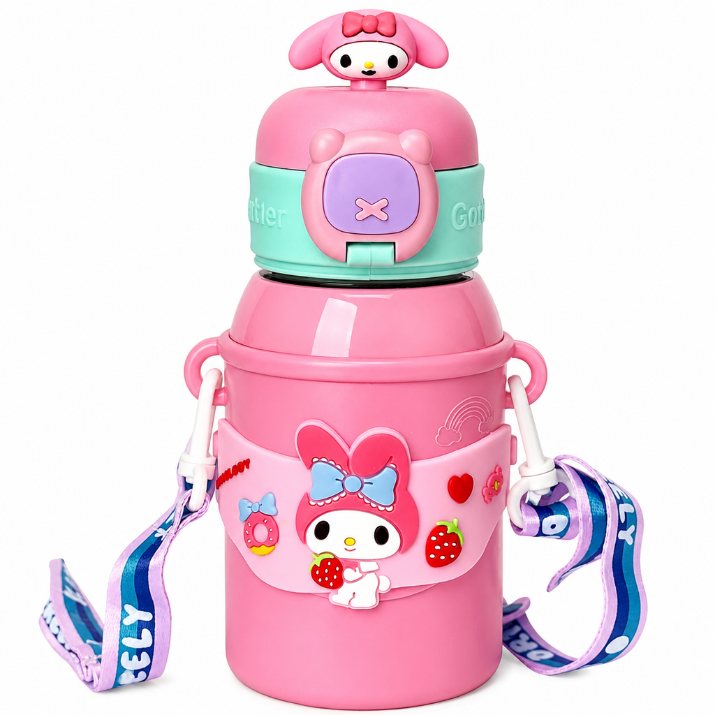 PokuPop Kawaii Character Kids Insulated Stainless Steel Water Bottle with Strap & Silicone Sleeve | 450ml | Leakproof | Hot & Cold Flask | BPA Free