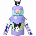PokuPop Kawaii Character Kids Insulated Stainless Steel Water Bottle with Strap & Silicone Sleeve | 450ml | Leakproof | Hot & Cold Flask | BPA Free Lavender Lulu Kuomi