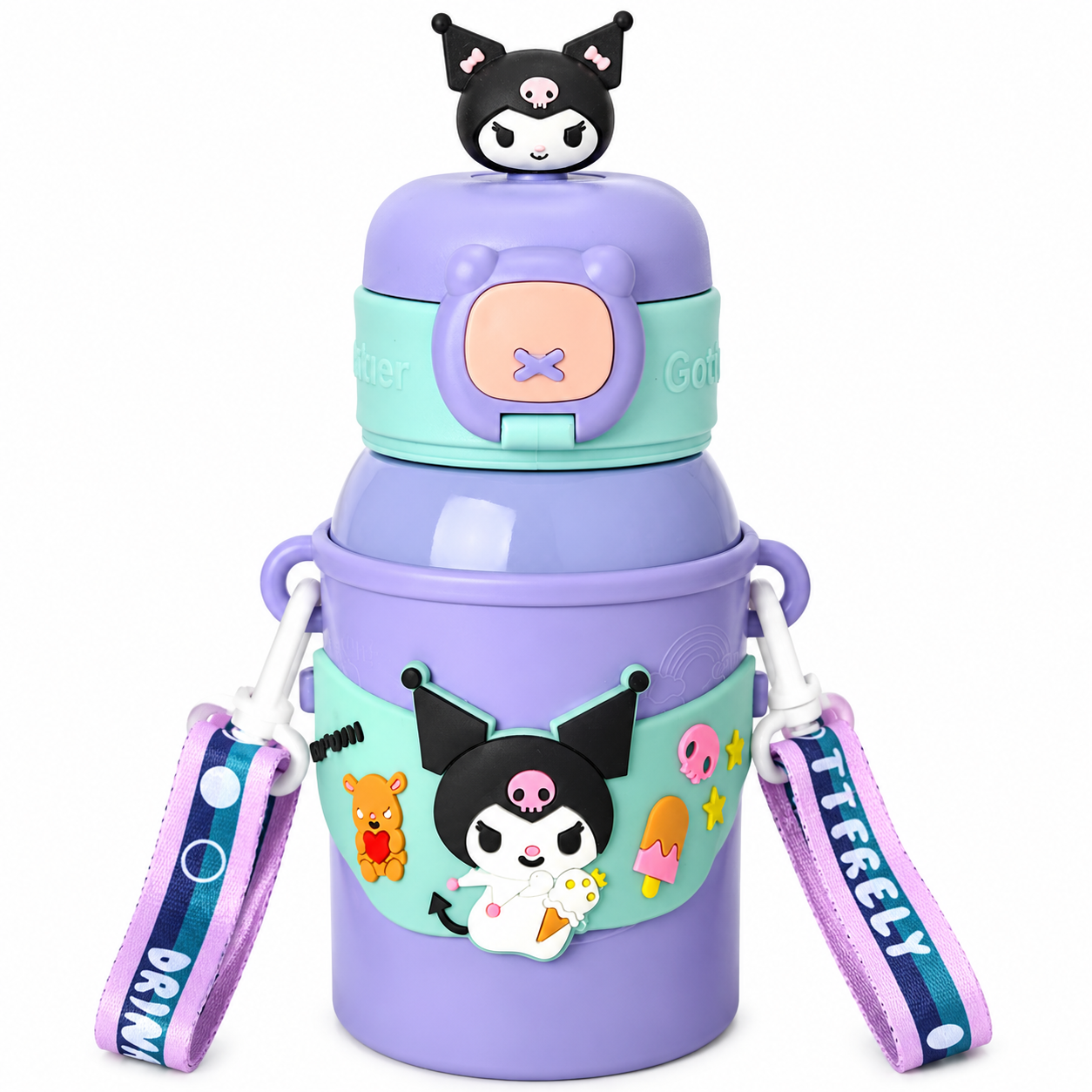 PokuPop Kawaii Character Kids Insulated Stainless Steel Water Bottle with Strap & Silicone Sleeve | 450ml | Leakproof | Hot & Cold Flask | BPA Free Lavender Lulu Kuomi