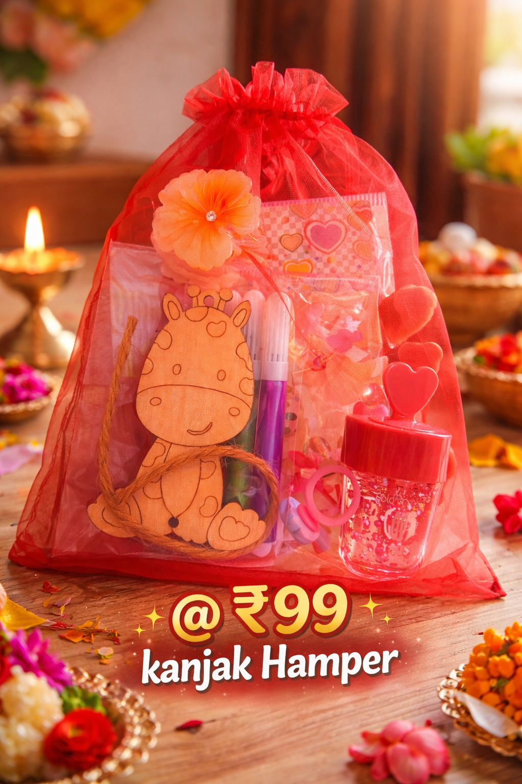 Kanya Pujan Gift Hamper for Girls | Navratri Return Gift Set with Bracelets, Lip Gloss, Finger Ring, Hair Clutcher & MDF Painting Kit | Durga Puja Kanjak Gift