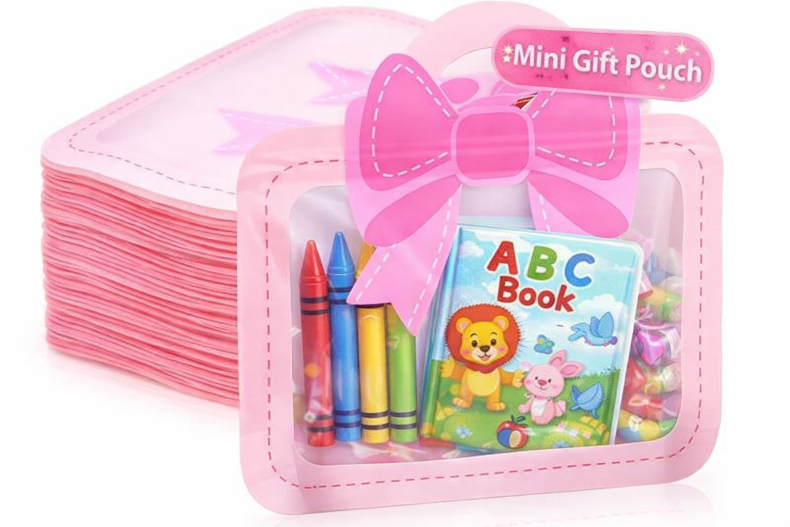 PokuPop Bow Transparent Zip Pouch for Kids - Pack of 15 | Candy & Chocolate Gift Pouch for Kanjak/Kanya Pujan Return Gifts | Cute Bow Handle Gift Bag for Birthday Return Favors & Party Goodies