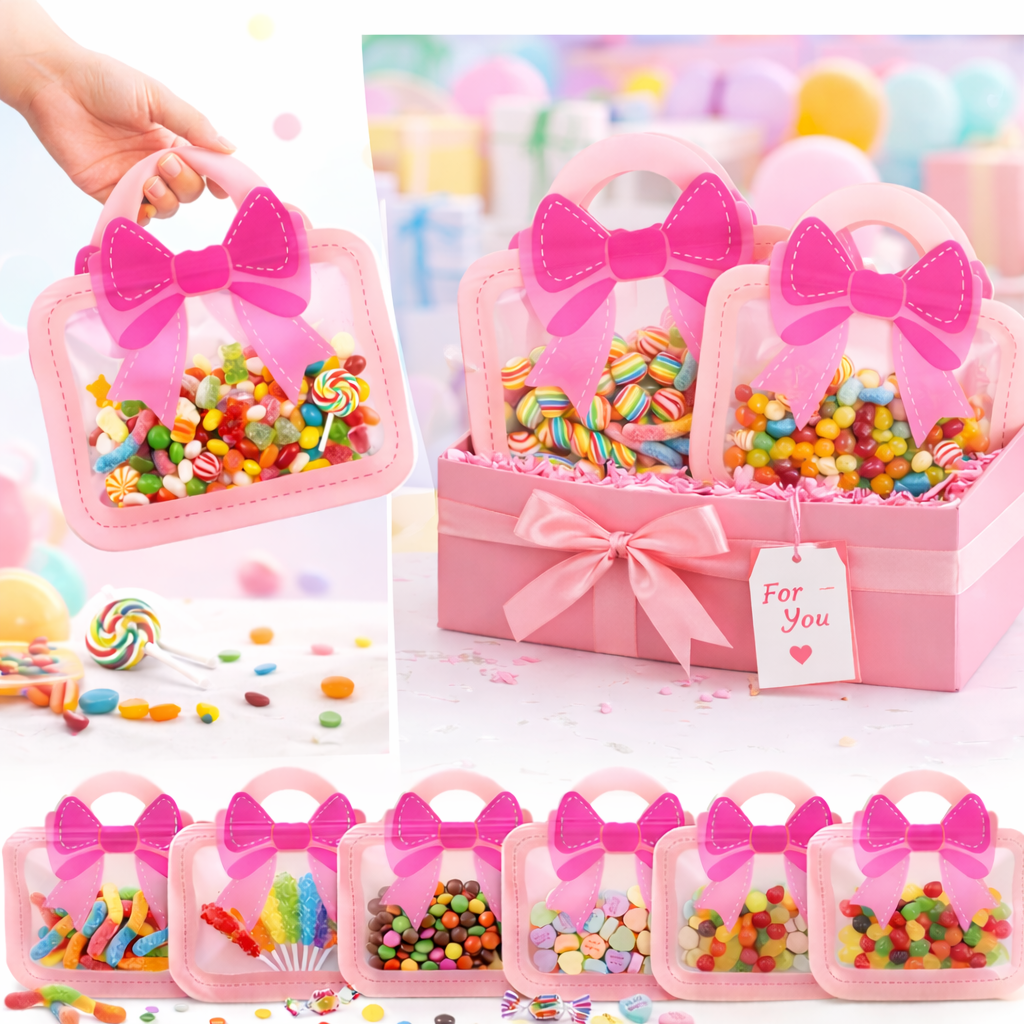 PokuPop Bow Transparent Zip Pouch for Kids - Pack of 15 | Candy & Chocolate Gift Pouch for Kanjak/Kanya Pujan Return Gifts | Cute Bow Handle Gift Bag for Birthday Return Favors & Party Goodies