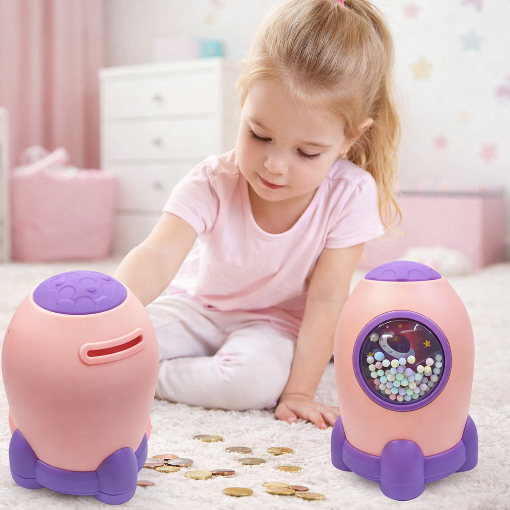 Space Piggy Bank with Number Code Lock for Kids | Money Saving Coin Bank, Password Lock Cash Box, Plastic Money Bank for Boys & Girls | Birthday Return Gift, Coin Storage Box (Peach)