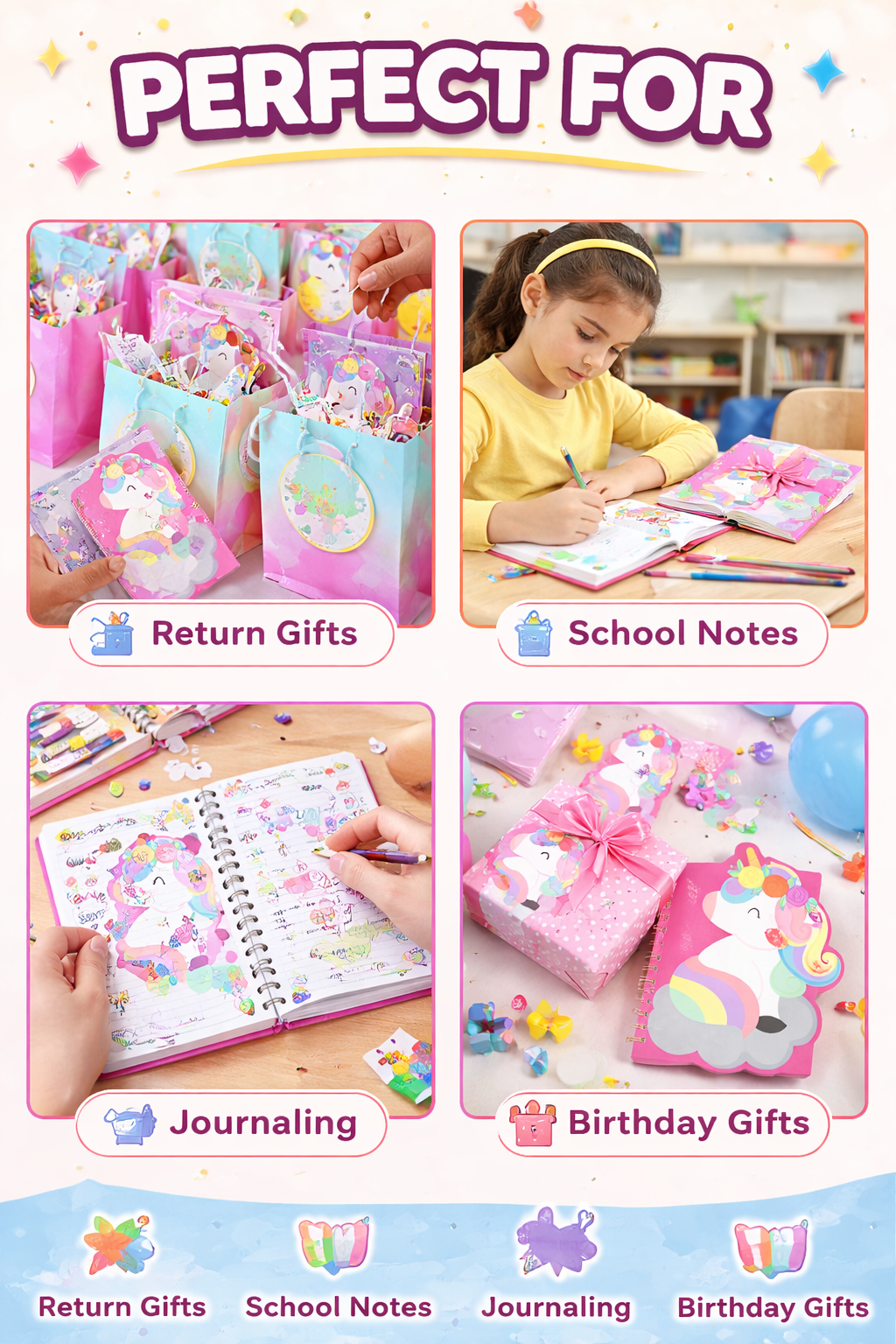Unicorn A5 Fancy Diary Pack of 3 | Cute Notebook Set for Kids Girls | Spiral Notebooks for School, Return Gifts, Birthday Gift Items