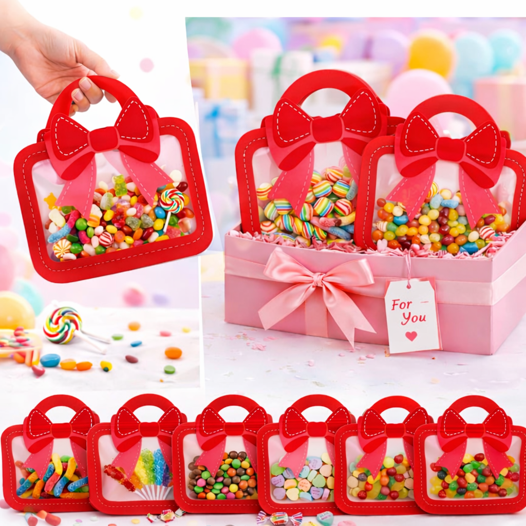 PokuPop Bow Transparent Zip Pouch for Kids - Pack of 15 | Candy & Chocolate Gift Pouch for Kanjak/Kanya Pujan Return Gifts | Cute Bow Handle Gift Bag for Birthday Return Favors & Party Goodies