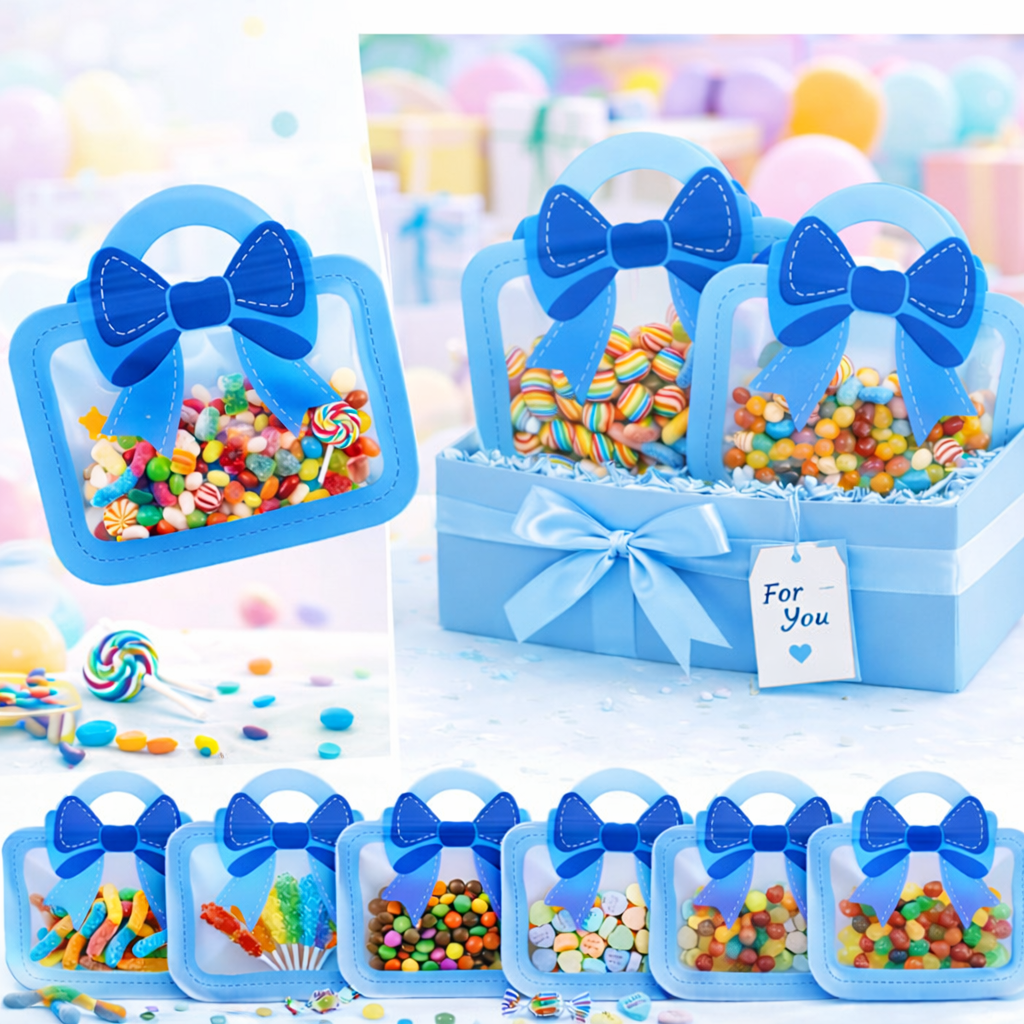 PokuPop Bow Transparent Zip Pouch for Kids - Pack of 15 | Candy & Chocolate Gift Pouch for Kanjak/Kanya Pujan Return Gifts | Cute Bow Handle Gift Bag for Birthday Return Favors & Party Goodies