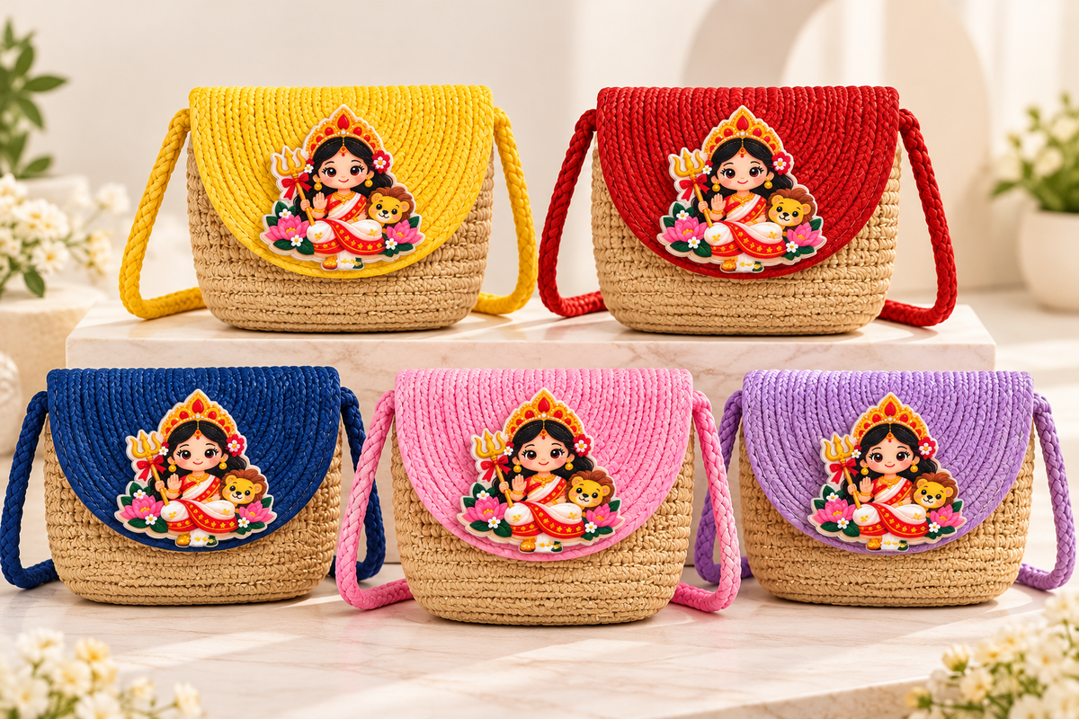 Girls Sling Bags Multicolour Pack of 5, Cute Woven Crossbody Handbags for Kids, Navratri Kanya Pujan Kanjak Gifts, Festive Return Gifts for Girls