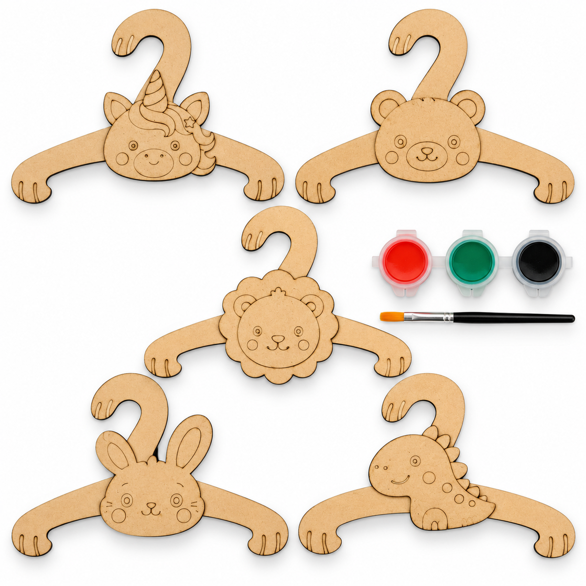 PokuPop DIY Wooden Hanger Painting Kit for Kids (Real 12-Inch Utility Size) | Creative Return Gifts, Kanya Pujan, NGO & School Craft Activities | Includes 3.5-Inch Animal Cutout, 3 Vibrant Shades, 1 Brush(Pack of 5)
