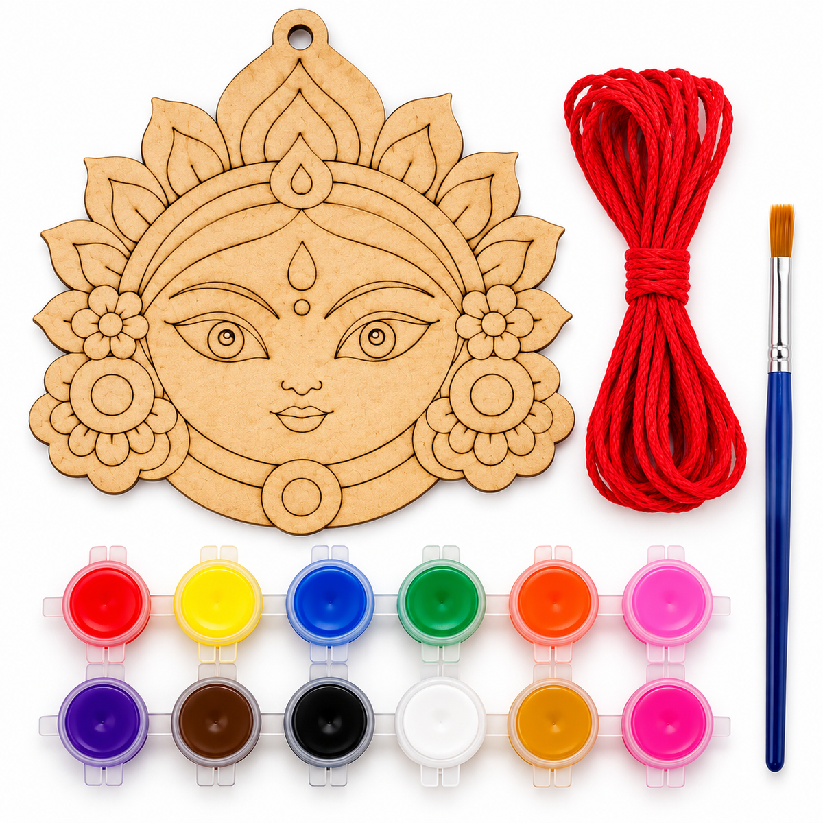PokuPop DIY Durga Maa Wooden Hanging Painting Kit with 12 Tempera Colours, Brush & Red Thread | 4 Inch Religious Craft Activity | Kanya Pujan, Navratri & Durga Puja Return Gift(Pack of 11)