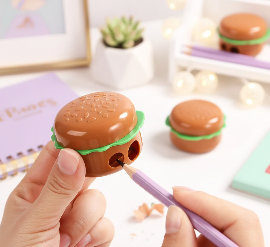 Burger Shape Double Hole Pencil Sharpener for Kids | Cute Cartoon Hamburger Sharpener | School Stationery | Birthday Return Gift Toy (Pack of 2)