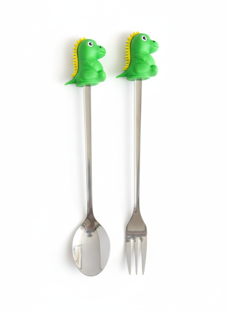 PokuPop Kids Spoon and Fork Set with Case |Green Dino Stainless Steel Cutlery Set for Children | Cartoon Handle Self Feeding Training Set | Portable Travel Case Included