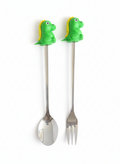 PokuPop Kids Spoon and Fork Set with Case |Green Dino Stainless Steel Cutlery Set for Children | Cartoon Handle Self Feeding Training Set | Portable Travel Case Included