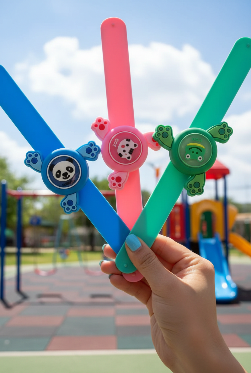 PokuPop Pack of 2 LED Light-Up Spinning Slap Bands for Kids – Cute Cartoon Fidget Spinner Wristband Rakhi for Brother & Sister | Glow-in-the-Dark Slap Bracelet Toys for Boys & Girls Birthday Return Gifts (Assorted)