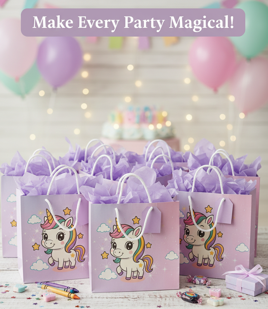 PokuPop Unicorn Birthday Gift Bags for Kids – Pack of 10 Premium 250 GSM Thick Paper Return Gift Bags with Tags & Tissue Papers | Unicorn Party Favor Bags for Birthday, Baby Shower & Kids Gifts