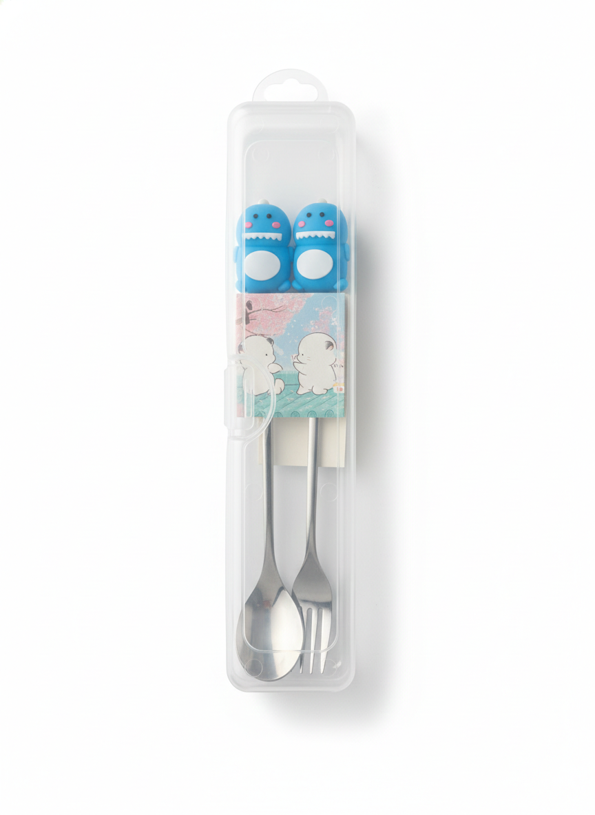 PokuPop Kids Spoon and Fork Set with Case |Blue Dino Stainless Steel Cutlery Set for Children | Cartoon Handle Self Feeding Training Set | Portable Travel Case Included