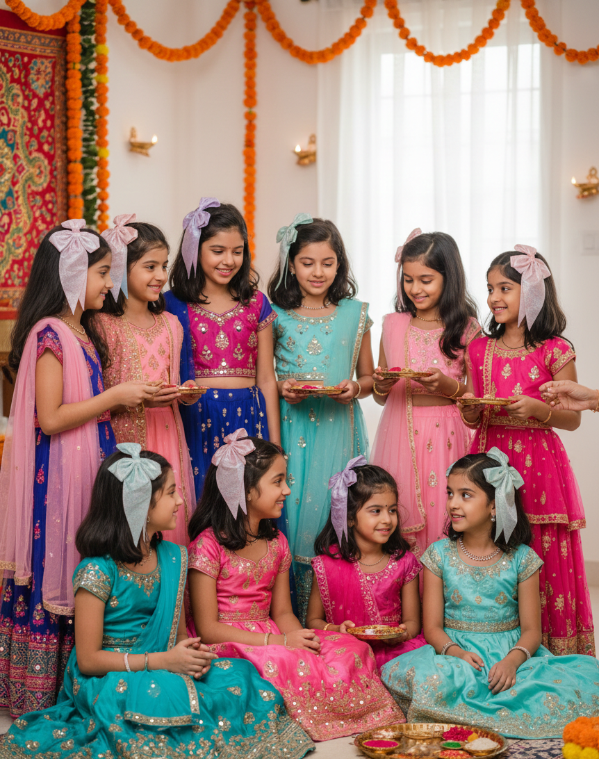 Shimmering Pastel Bow Set – Perfect for Kanya Pujan & Festive Celebrations