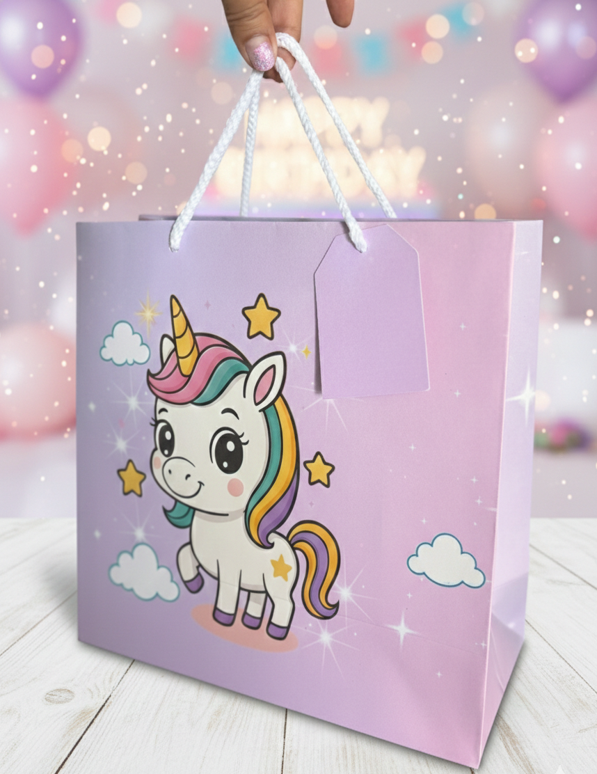 PokuPop Unicorn Birthday Gift Bags for Kids – Pack of 10 Premium 250 GSM Thick Paper Return Gift Bags with Tags & Tissue Papers | Unicorn Party Favor Bags for Birthday, Baby Shower & Kids Gifts
