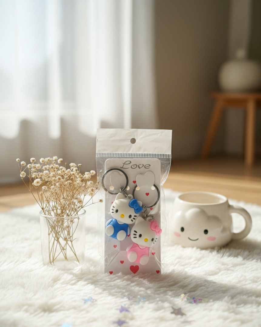 Hello Kitty Couple Keychains Set of 2 – Cute Cartoon Rubber Key Rings for Girls & Kids | Assorted Colors | Return Gifts, Bag Charms, Best Friend & Couple Gifts