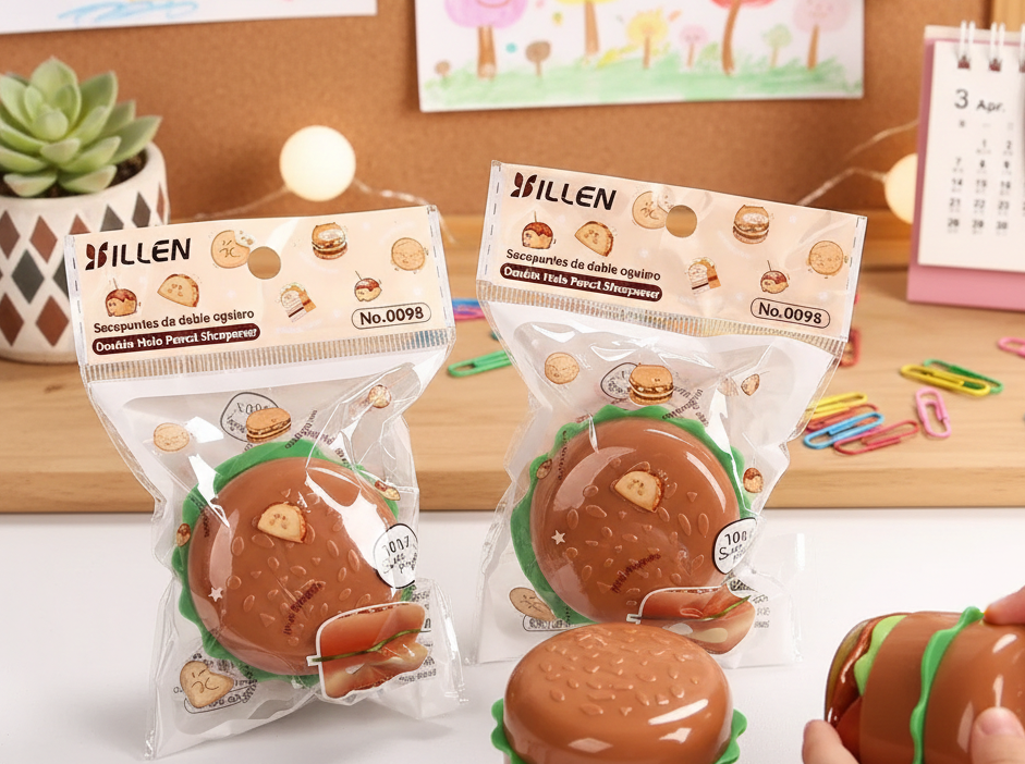 Burger Shape Double Hole Pencil Sharpener for Kids | Cute Cartoon Hamburger Sharpener | School Stationery | Birthday Return Gift Toy (Pack of 2)