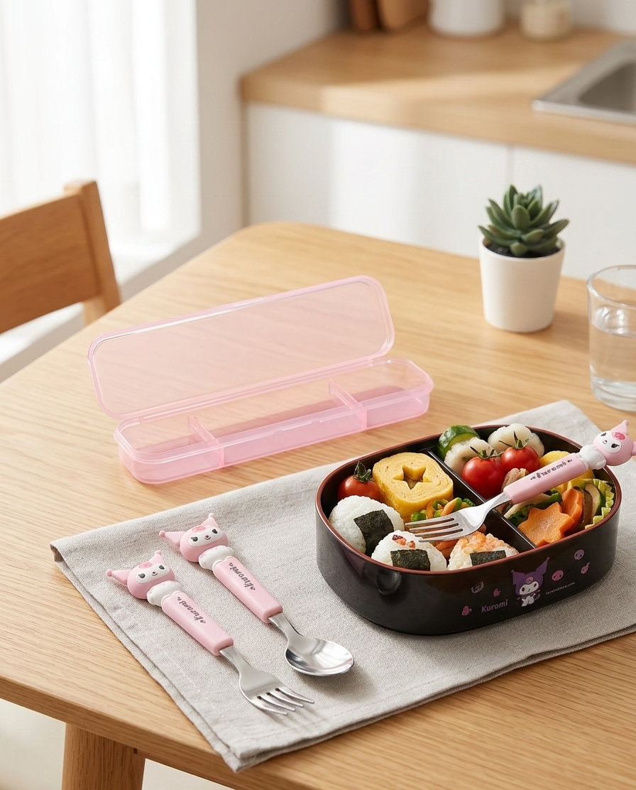 Kuromi Pink  Kids Spoon & Fork Set with Case | Cute Cartoon Stainless Steel Cutlery | Travel Lunch Box Utensils for Toddlers, Girls & School Kids